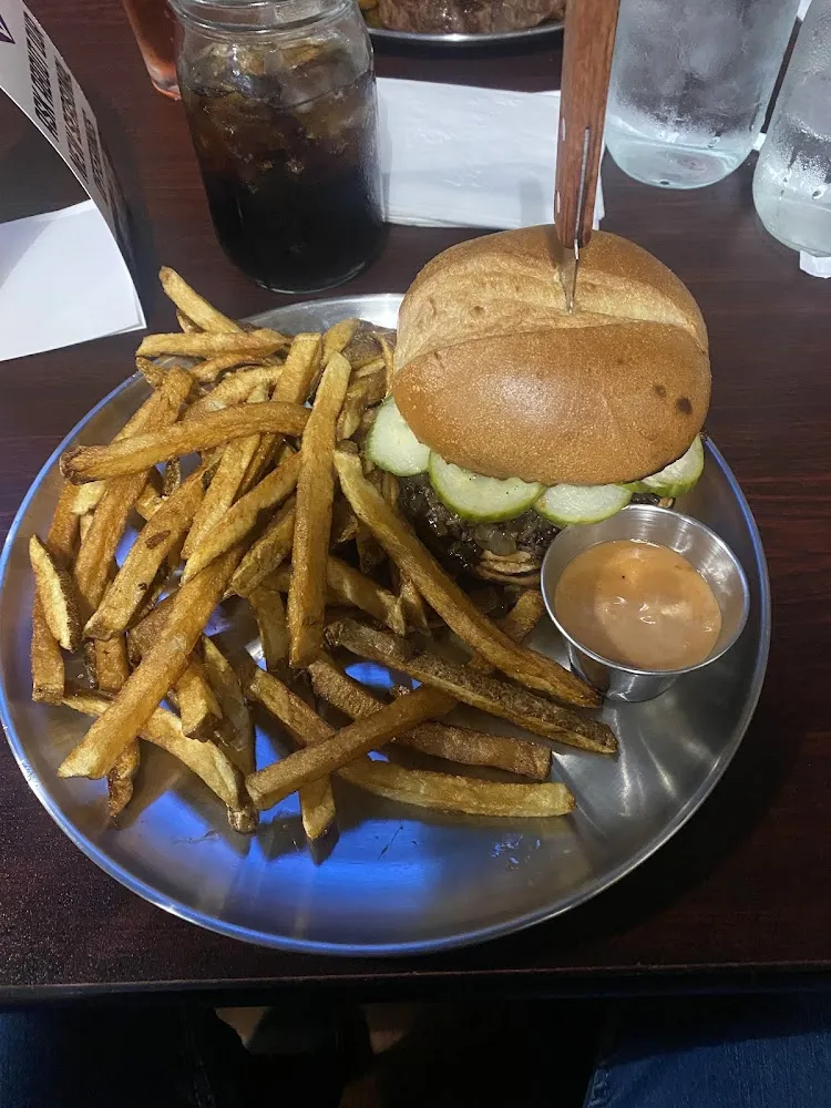 Russian Pickle Burger Medium Well with Housemade Fries and Housemade Fry Sauce